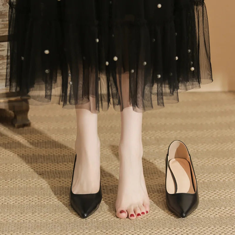 2024 autumn new nude high heels women's thick heel pointed professional commuting versatile temperament single shoes