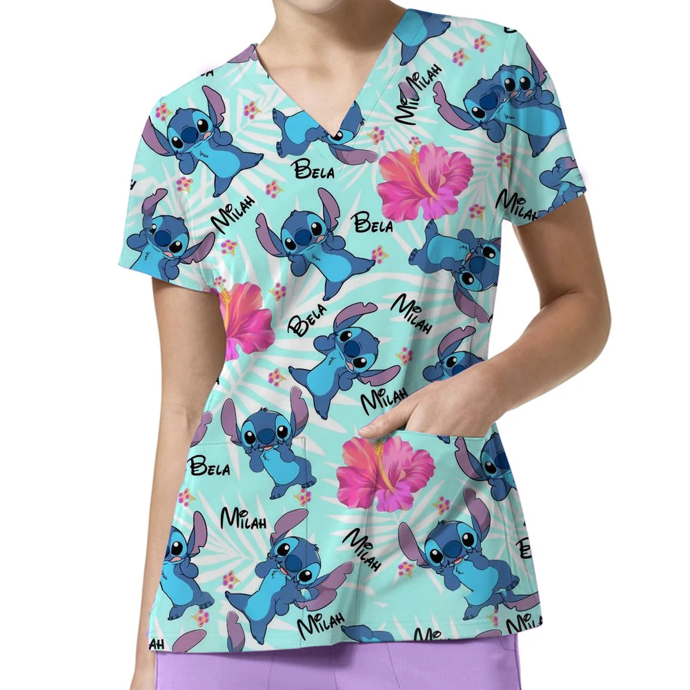 الصيف ديزني غرزة تي شيرت المرأة جيب طويل المحملة الفتيات قصيرة الأكمام ملابس المستشفى الخامس الرقبة ممرضة موحدة تي شيرت الكرتون الأعلى #2