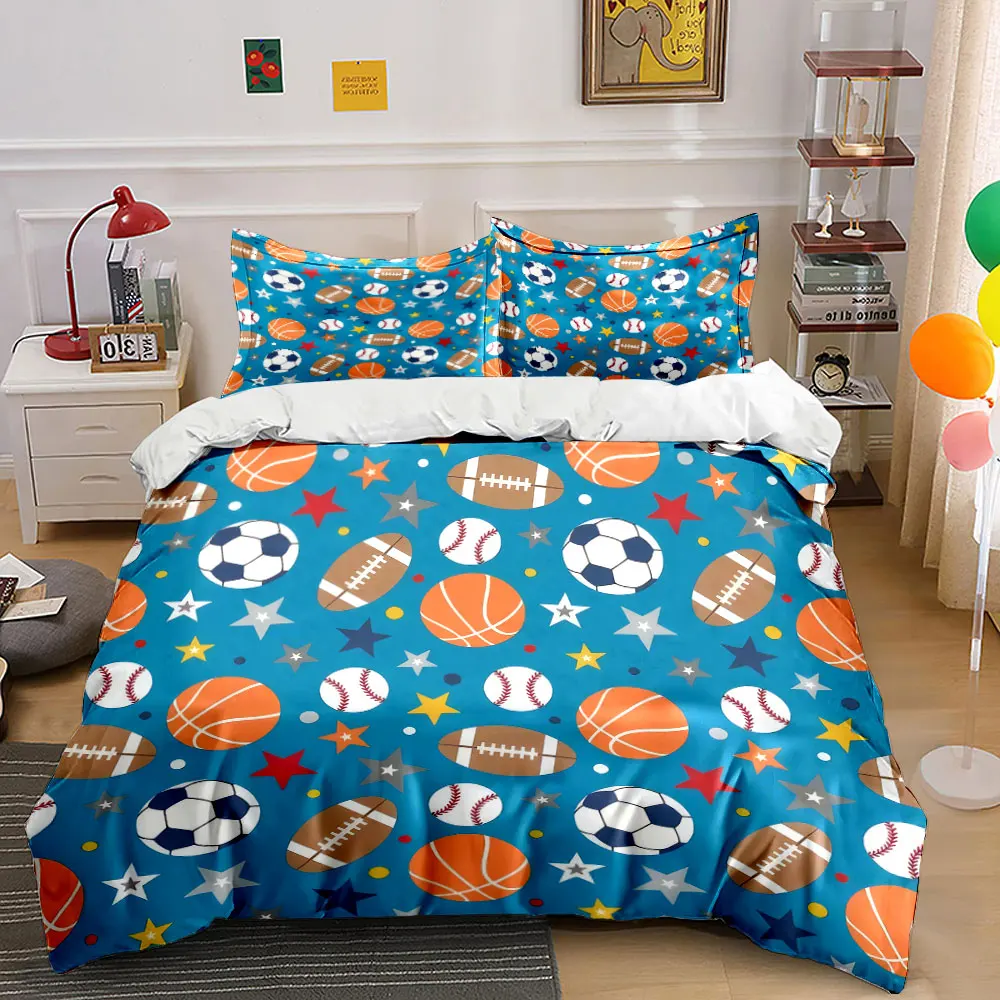 Blue Background Multi-Sport Balls Pattern 3PCS Bedding Set Soft Microfiber Bedding Set for Kids Sports Room Decor