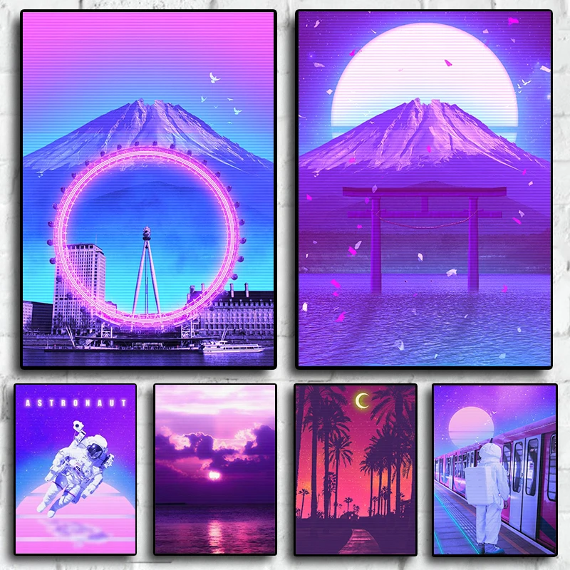 Vaporwave Style Poster 80s Cityscape Astronaut Colorful Night Car  Painting Wall Art Decoration Kawaii Room Decor Canvas Poster