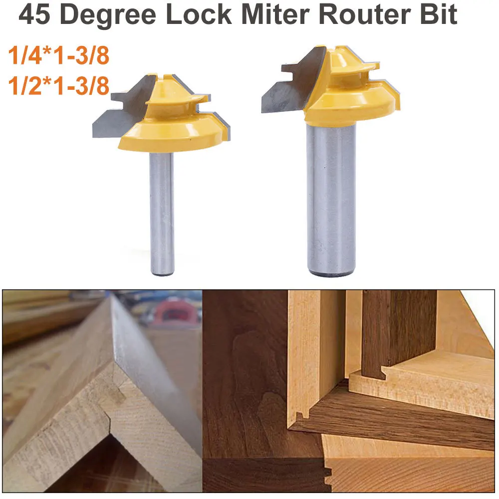 1pcs 1/4 *1-3/8 or 1/2 * 1-3/8 Miter Router Bit Woodwork Cutter Cemented Carbide Miter Router Bit Wood Woodworking Cutting Tools