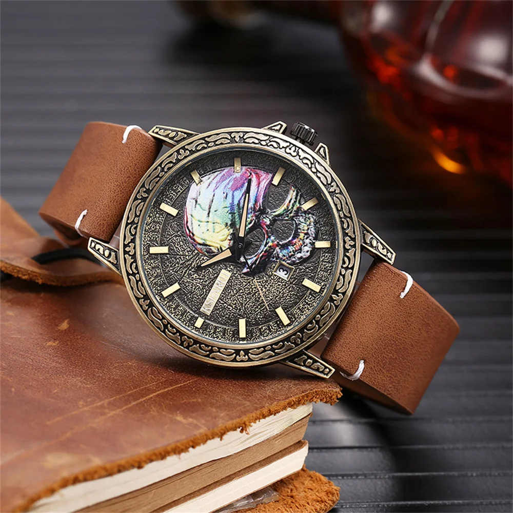 Reloj de cuarzo Retro para Hombre, cronógrafo con diseño de cara de Calavera, correa de cuero y acero, regalo a la moda, envío directo