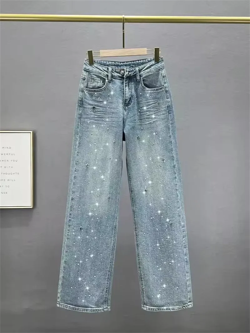 

Fashion Rhinestone Pendant Design High Waist Wash Jeans Women's Spring Loose All-Match Straight-Leg Pants Female