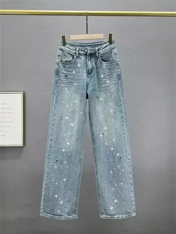 Fashion Rhinestone Pendant Design High Waist Wash Jeans Women's Spring Loose All-Match Straight-Leg Pants Female