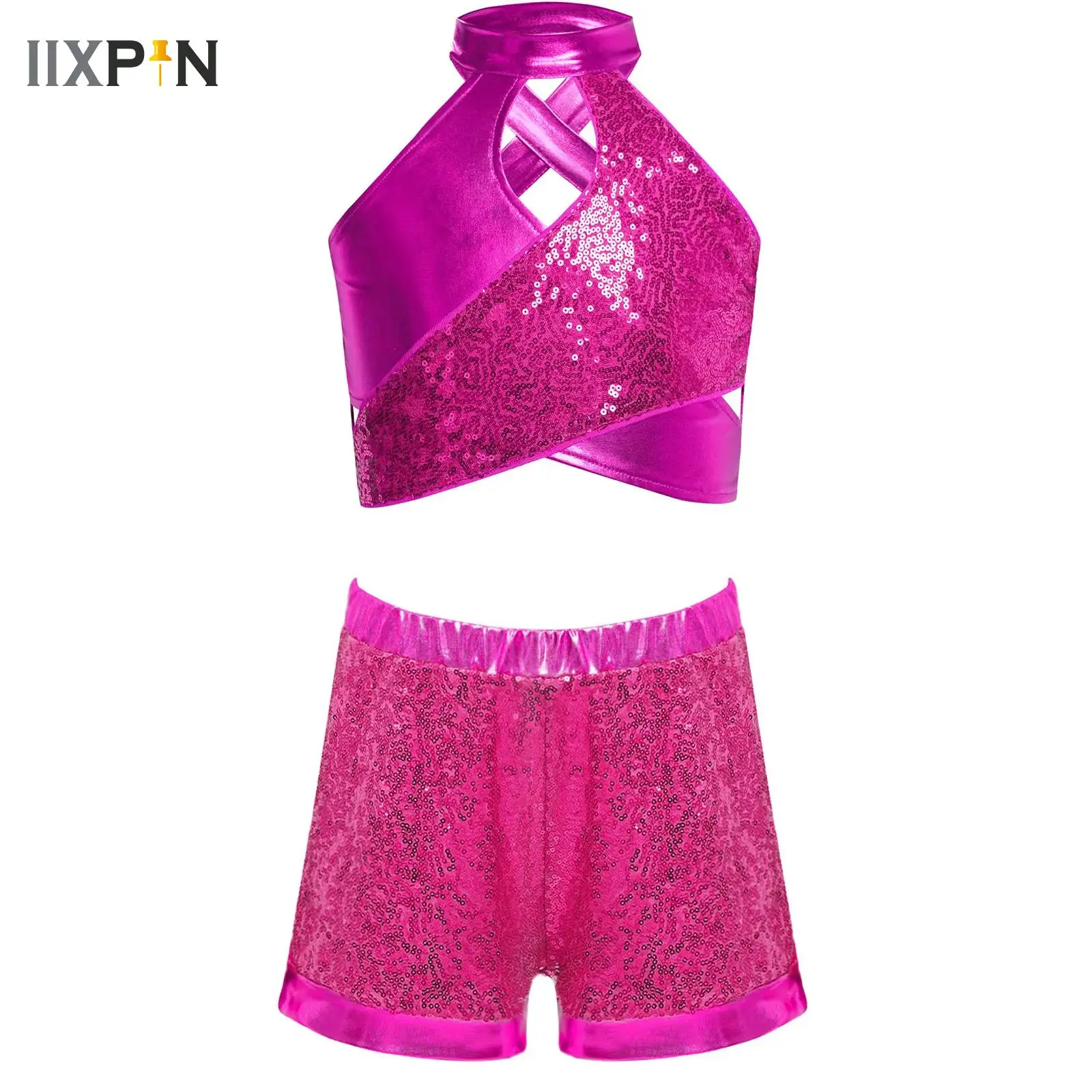 

2Pcs/Set Kids Girls Latin Jazz Dance Costume Sleeveless Keyhole Back Sequin Tank Crop Top+Shorts Stage Performance Dancewear