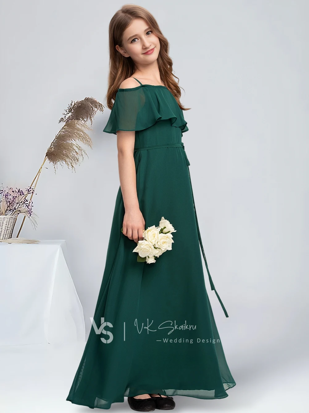 B A-line V-Neck Floor-Length Chiffon Junior Bridesmaid Dress With Bow Cascading Ruffles Dark Green Flower Girl Dress for Wedding