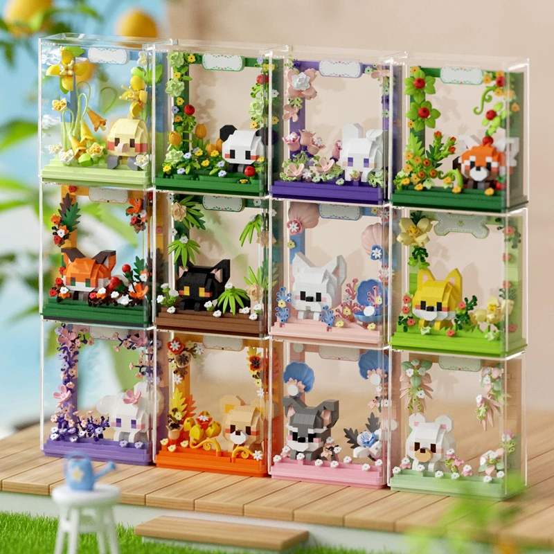 Cute Cartoon Animal Building Blocks Photo Frame with Dust Cover - Chicken Rabbit Panda Decorative Toy for Adults and Pet Lovers