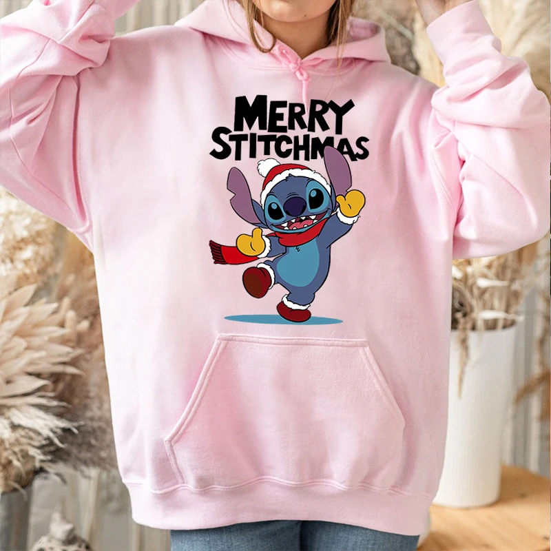 Stitch Christmas Print Women\'s Autumn and Winter Hoodie Plus Velvet Sports Sweater Pink Loose Top