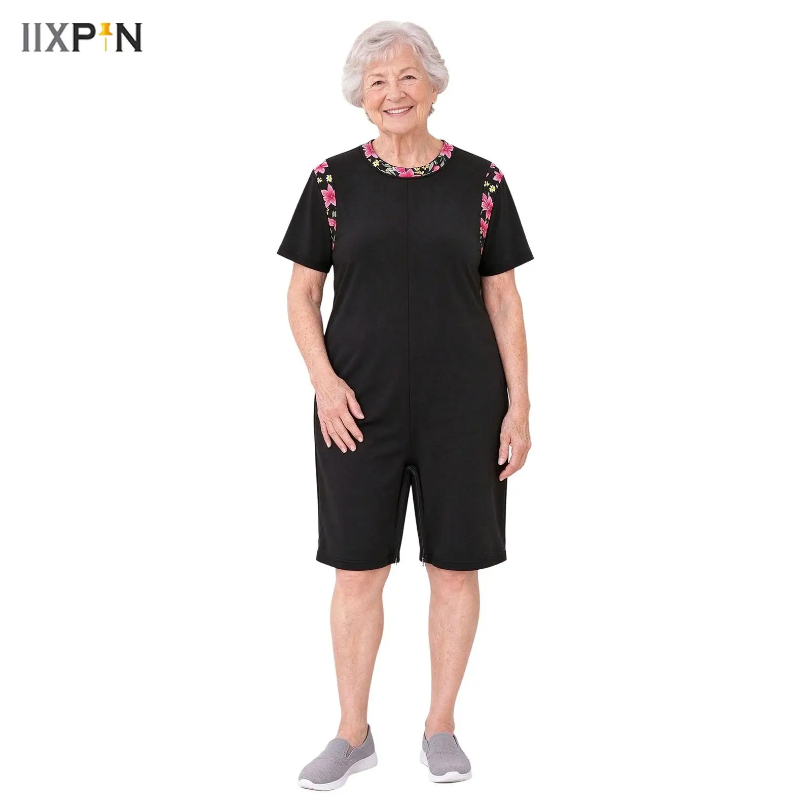 Women Special Needs Adaptive Jumpsuit Floral Print Short Sleeve Anti-strip Zipper Crotch Bodysuit Alzheimer Elderly Nursing Home