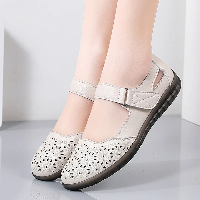 Summer Sneakers for Women Soft Leather Sandals Flexible Mary Jane Shoes for Women Nurse Walking Sandals Breathable  Non-slip