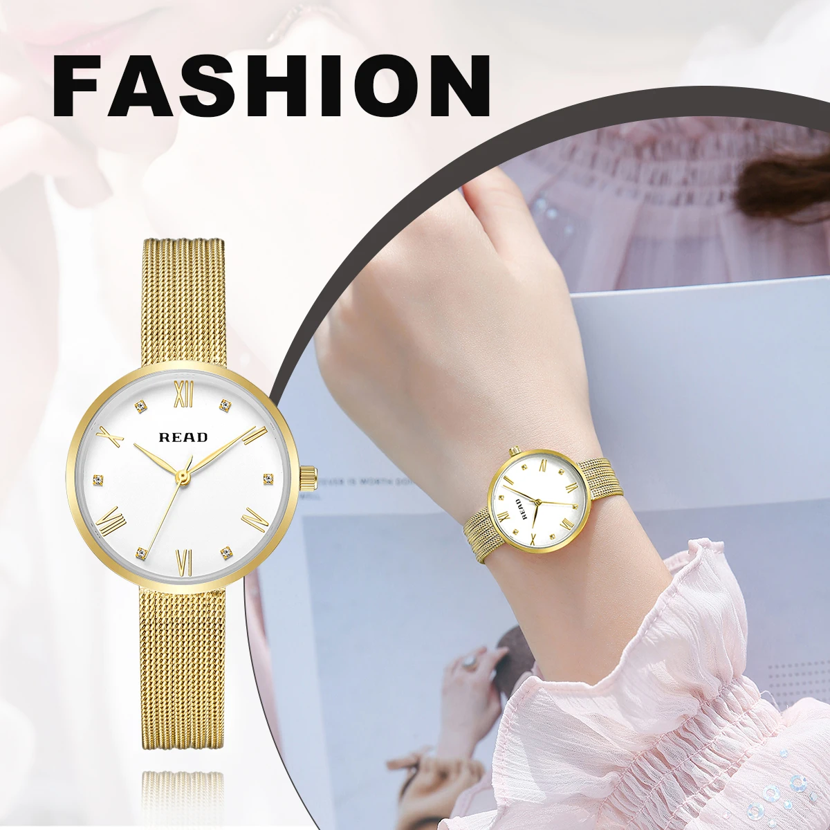 READ Women Quartz Watch | Minimalist Dial | Gold‑Tone Stainless Steel Mesh Band | Daily Water Resistant Ladies Wrist Watch