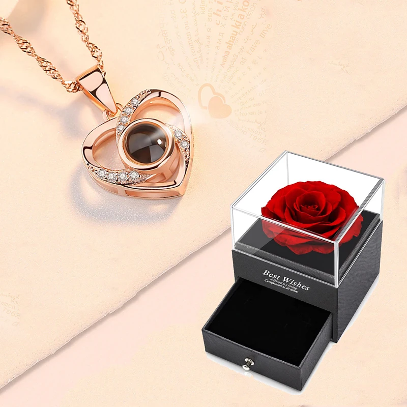 Christmas Gifts For Girlfriend 100 Languages I Love You Projection Necklace With Rose Gift Box 2024 Fashion Romantic Jewelry