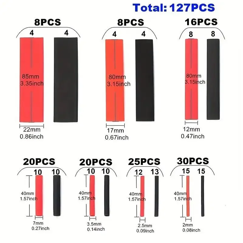 127PCS 2:1 Heat Shrink Tubing Assortment Black Red Polyolefin Tube for Car Cable Wire Sleeving Wrap Kit