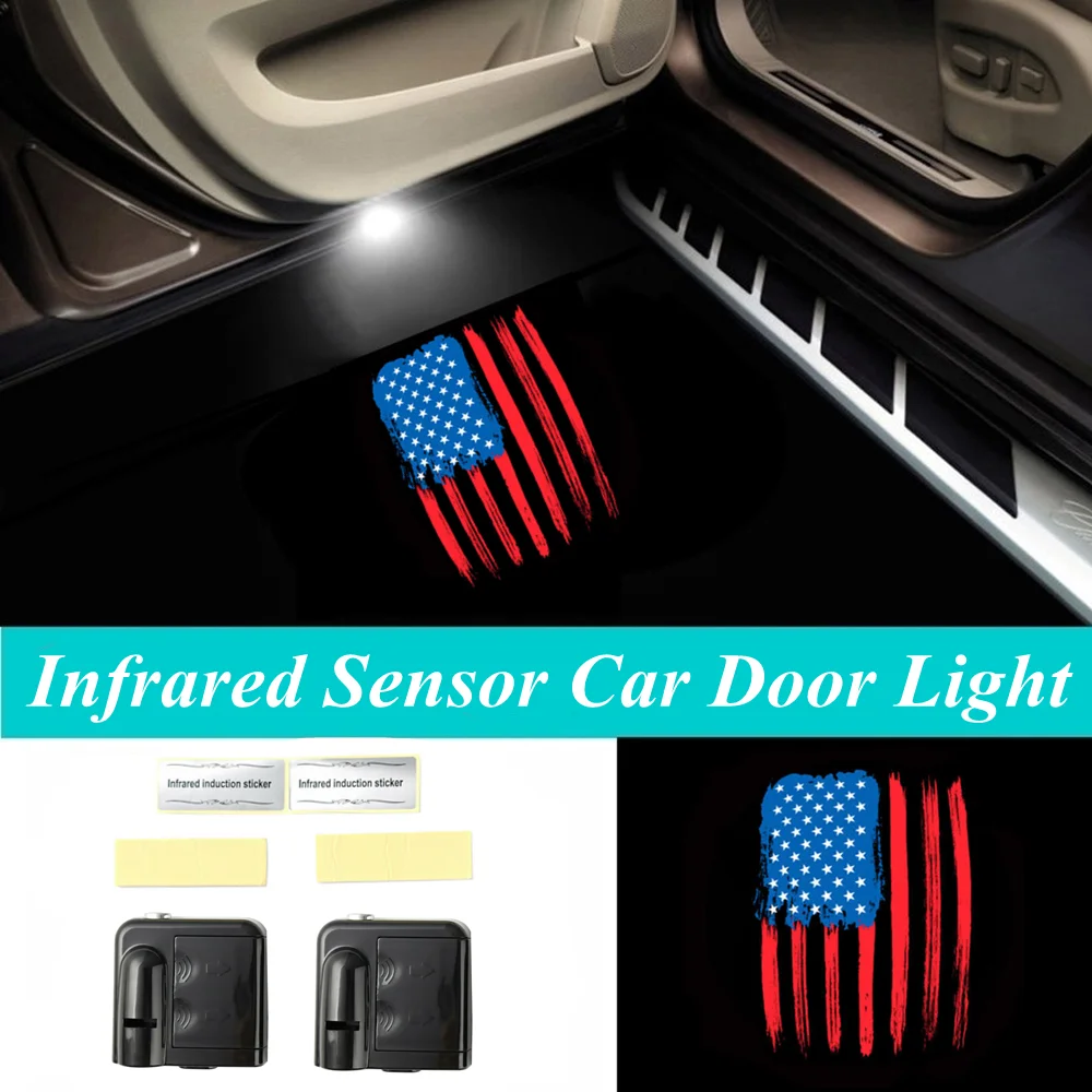 

2Pcs Wireless Infrared Car Door LED Vertical USA American Flag Logo Welcome Laser Projector Shadow Lights