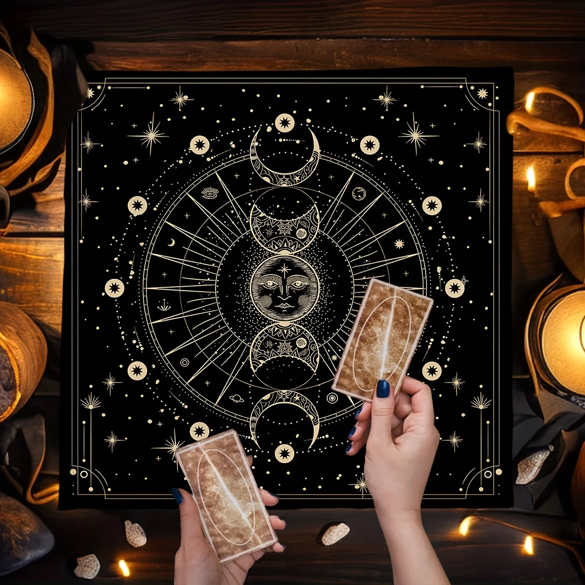 Tarot Cloth Astrology Sun Tarot Cloth Three Card Spread Bohemian Moon Phase Divination Decoration Black Star Moon Tablecloth