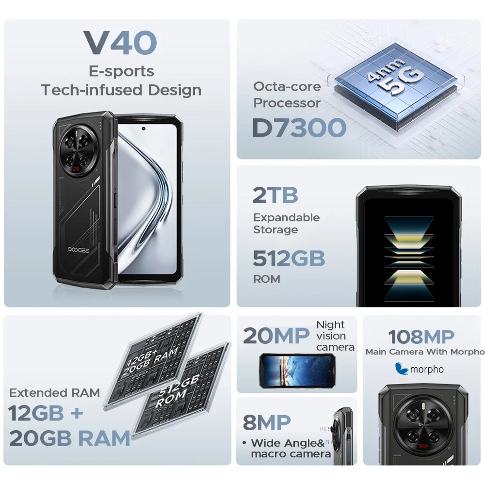 الإصدار العالمي DOOGEE V40 5G 32GB 512GB هاتف متين 6.78 "2.4K شاشة فائقة الوضوح MTK الأبعاد 7300 8680mAh 108MP Al Camera