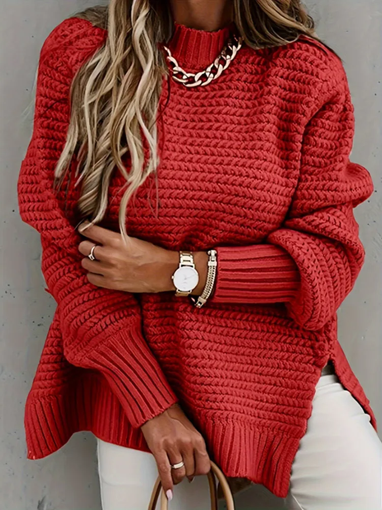 Autumn Winter 2024 Lady Sweaters Female High Neck Knit Pullover Women Lazy Round Neck Kink Solid Oversize Sweater