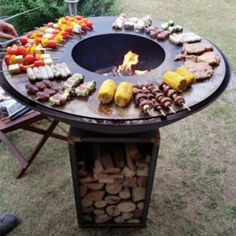 Outdoor Fire Pit Table with Grill Plate Corten Steel Metal for Backyard BBQ Rustic Aged Finish Weather Resistant Fire Pit