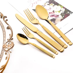 5Pcs Roman Handle Stainless Steel Cutlery Set Wedding Tableware Gold Knife Fork Spoon Modern Kitchen Utensils Full Dishes Sets