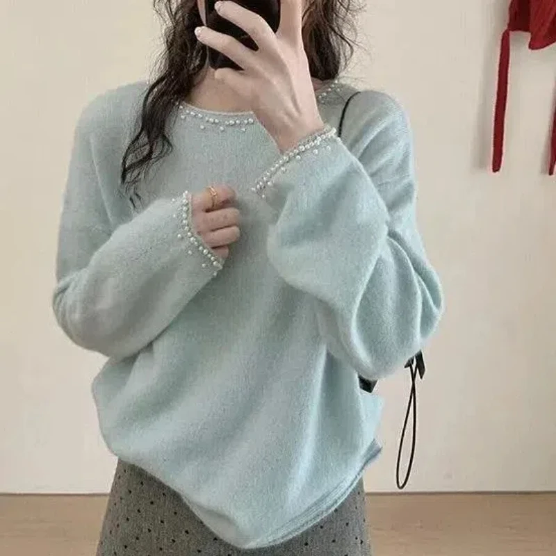 

Женская одежда, осенне-зимний расклешенный воротник с вышивкой, однотонный пуловер, свитер с длинными рукавами, вязаные офисные женские топы