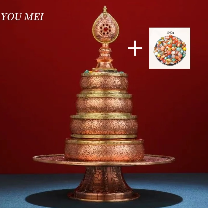 1Set Nepal Manza,Tibetan Copper Handicraft Contains Gemstones Buddhism Plate,Eight Auspicious Tribute Altars Desktop Decorative