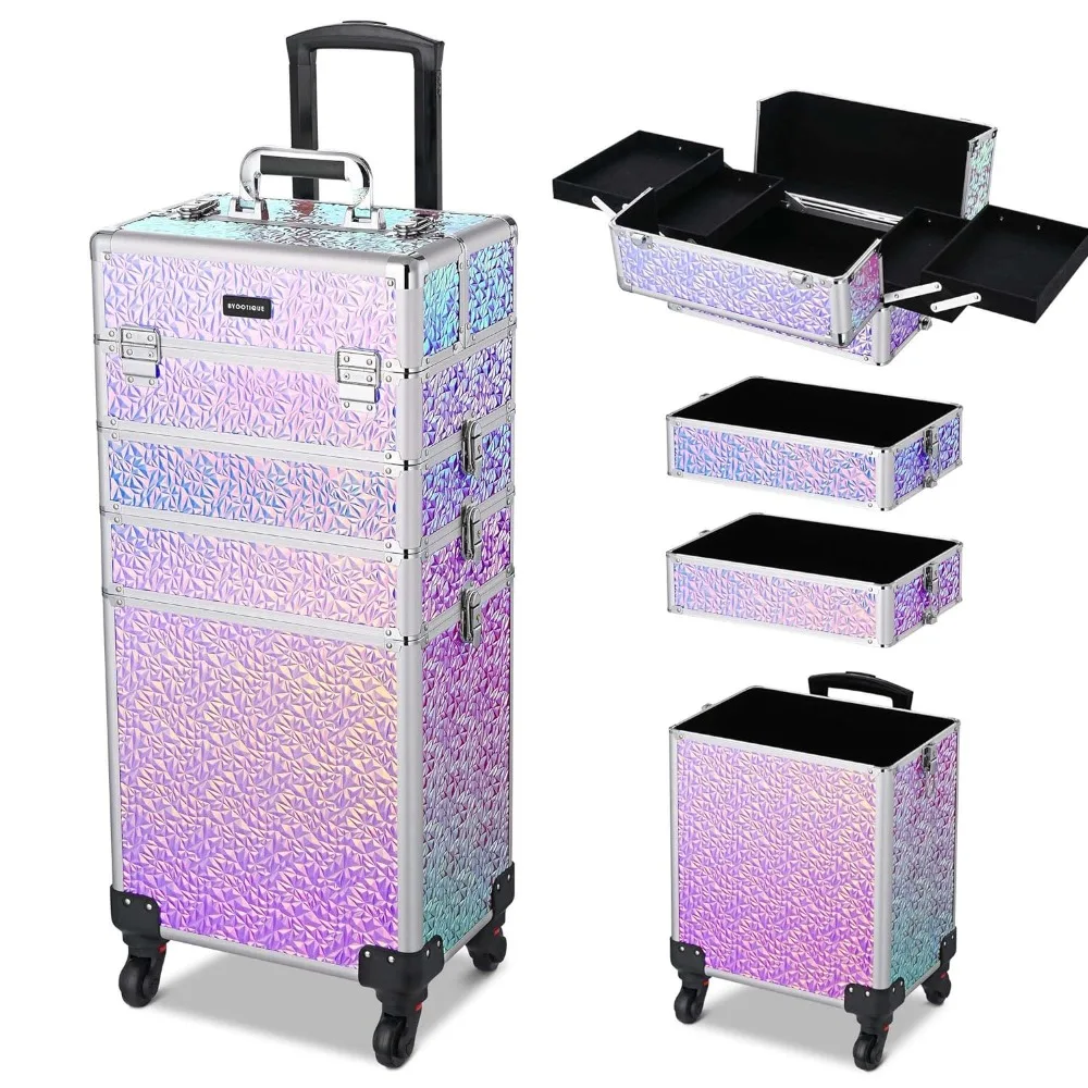 

Rolling Makeup 4-in-1 Cosmetic Trolley, Organizer Suitcase, Lockable Salon Barber Station Wagon Trunk with Removable Wheels