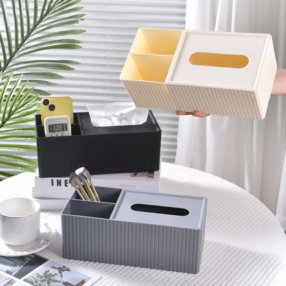 Striped Multifunctional Tissue Box Removable Lid 3 Compartments Desktop Organizer Space-saving Anti-Slip Tissue Dispenser