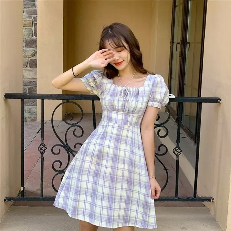 

Summer Women 2023 Slim Sweet Plaid Cottagecore Dress Bow Puff Sleeve Bandage Dress Short Sleeve Korean Fashion Cute Y2k Clothing