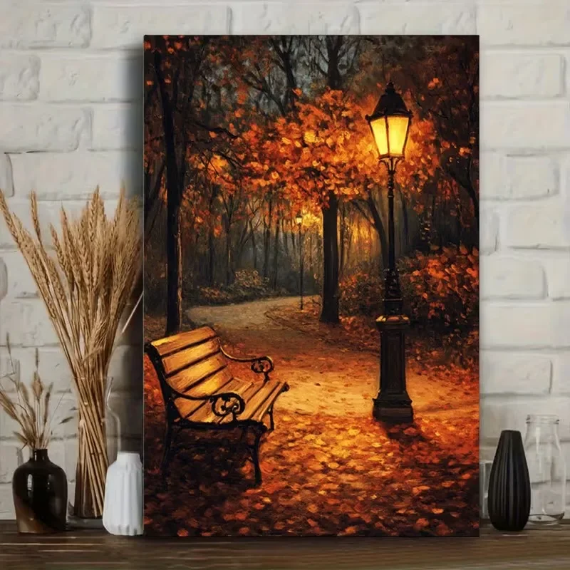 Multiple sizes 1pc frameless Canvas Painting,Autumn Benches Streetlight Park Paths Benches Poster and Prints Canvas Painting Wal