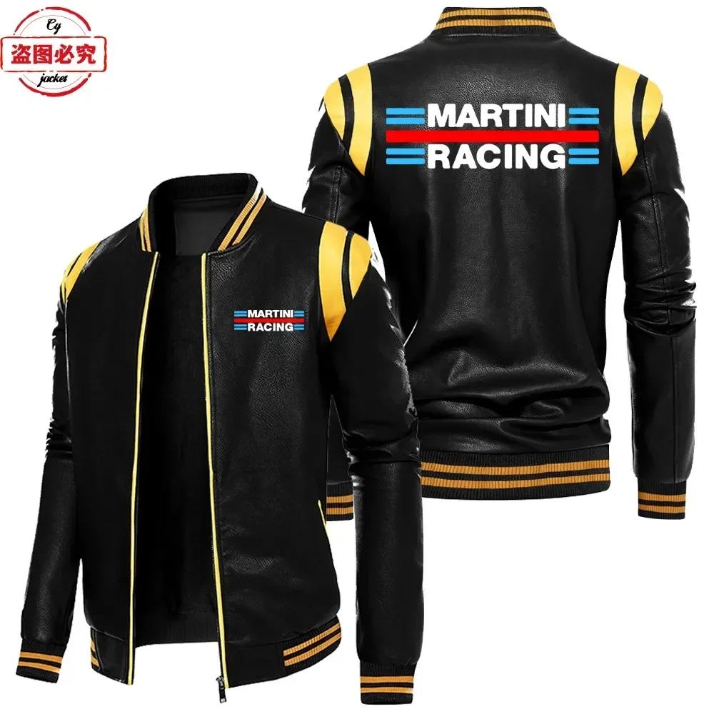 Martini Racing logo printed racing suit contrasting color leather jacket pu leather jacket men's autumn and winter plus velvet