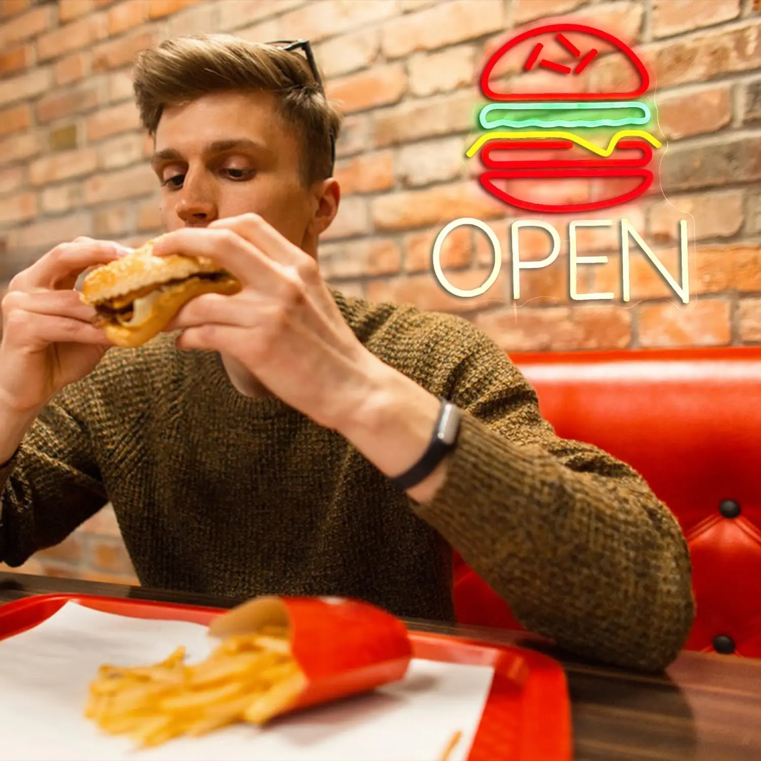 Hamburg Open Neon Sign Dimmable Led Open Sign Burger Sign Wall Decor for Fast Food Bar Kitchen Restaurant Food Neon Light