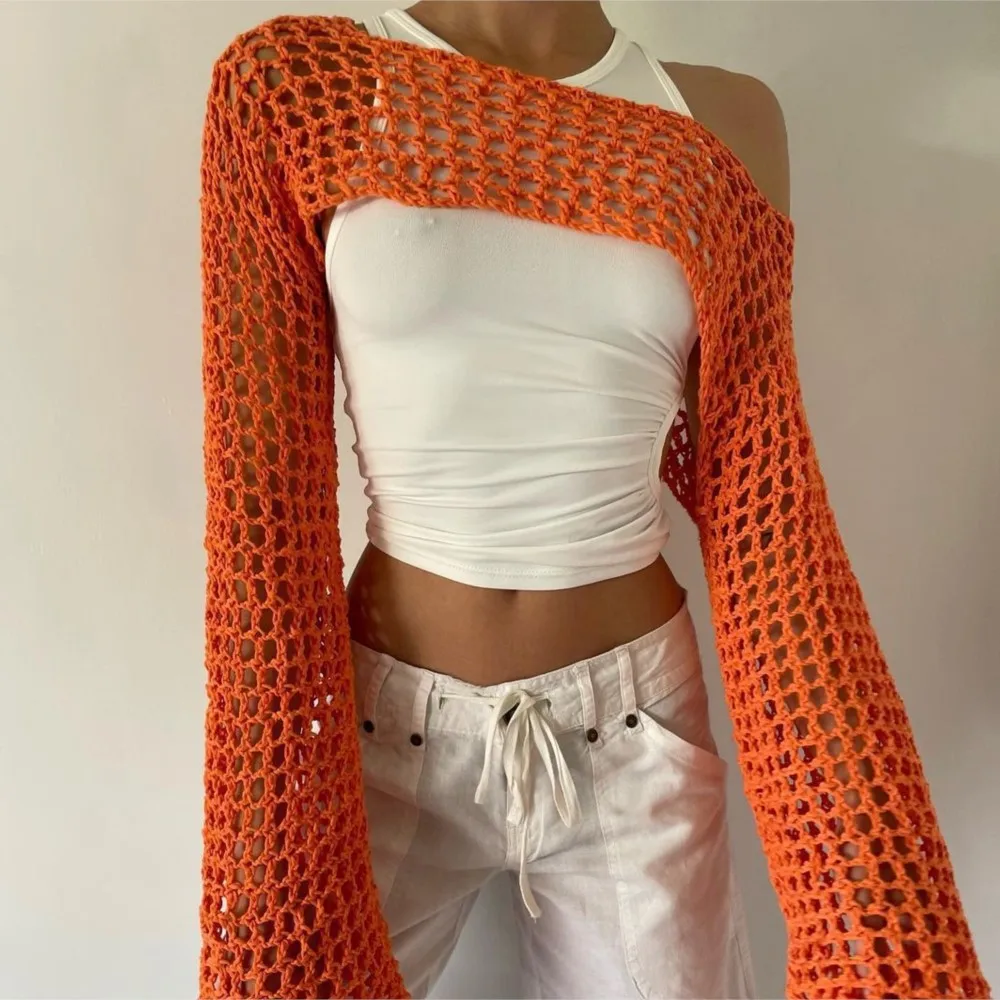 Sexy Mesh Sweater Women's Fashion Hand-knitted Spring Summer New Casual Ultra-short Loose Flared Sleeve Top Ropa Para Mujer