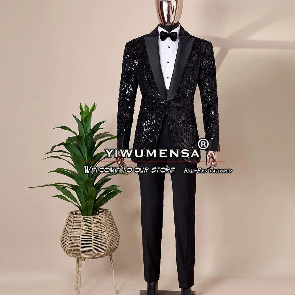 Sparkly Black Sequins Suits Men Formal Groom Wear Wedding Tuxedo Tailore Made 2 Pieces Jacket Pants Prom Banquet Dress Elegant