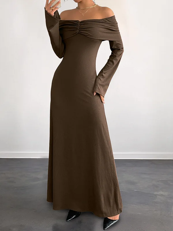 

Элегантное коричневое женское платье на одно плечо, облегающее, длинное, модное, осеннее, новинка, с высокой талией, с длинными рукавами