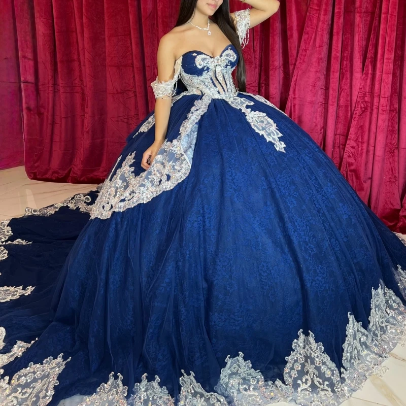 

Navy Blue Shiny Quinceanera Dresses Ball Gown Off The Shoulder Applique Lace Beading Crystal Bow Corset Party Birthday Sweet 16