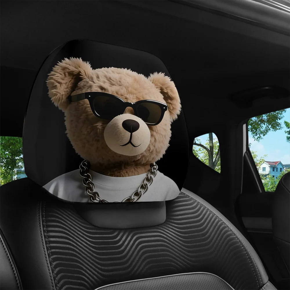 2pcs Trendy Bear-Shaped Printed Car Headrest Covers | Easy-to-Install, Washable, Perfect For Daily Commutes And Long Drives, Uni