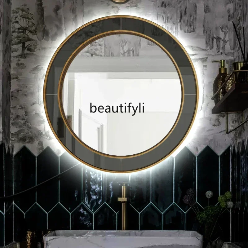 TTT  French mirror LED bathroom makeup with light porch mirror decoration French fireplace mirror round pendant