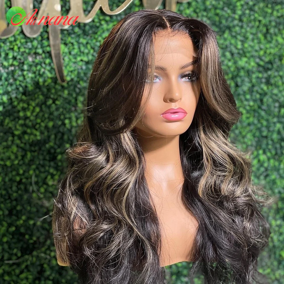 Brown Highlights Blonde Colored Body Wave Human Hair Wig Transparpent 13x4 Lace Front Wigs Pre-Plucked Long Hair Wig For Woman