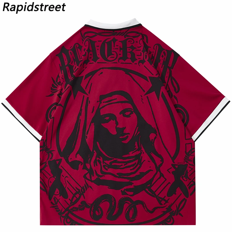 Hip Hop Streetwear Polo T-Shirt Virgin Mary Graphic T Shirt 2023 Men Polo Shirt Short Sleeve Harajuku Cotton Tops Tees Red Grey