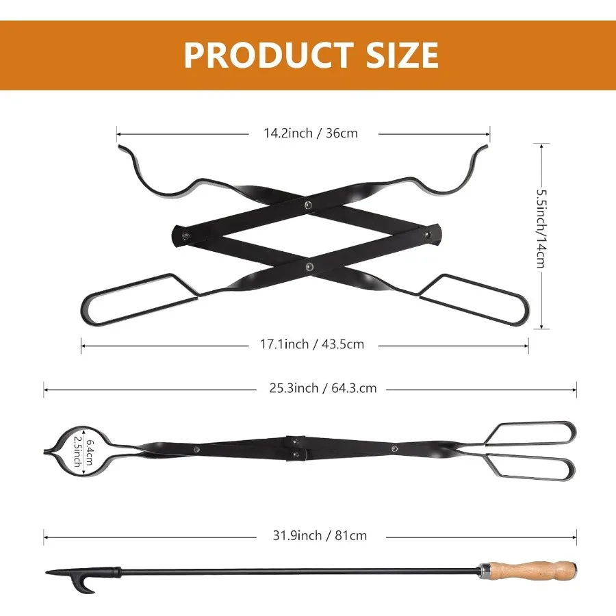 헤비 듀티 32인치 긴 벽난로 화로 캠프파이어 포커 스틱 및 26인치 벽난로 집게 도구 세트 녹 방지 블랙