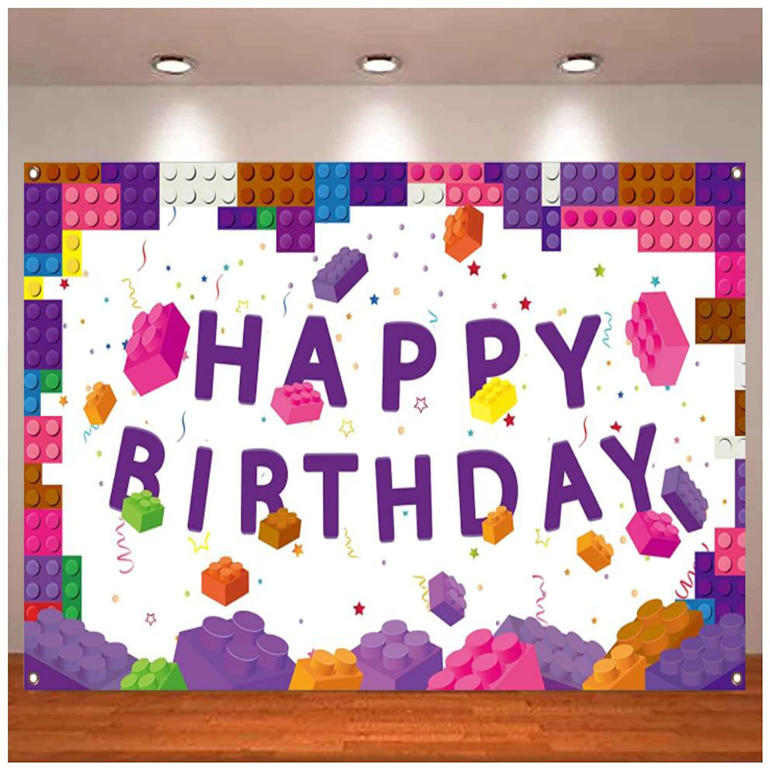 

Photography Backdrop Birthday Decor Children Kids Colorful Building Blocks Theme Purple Friends Party Supplies Banner Poster