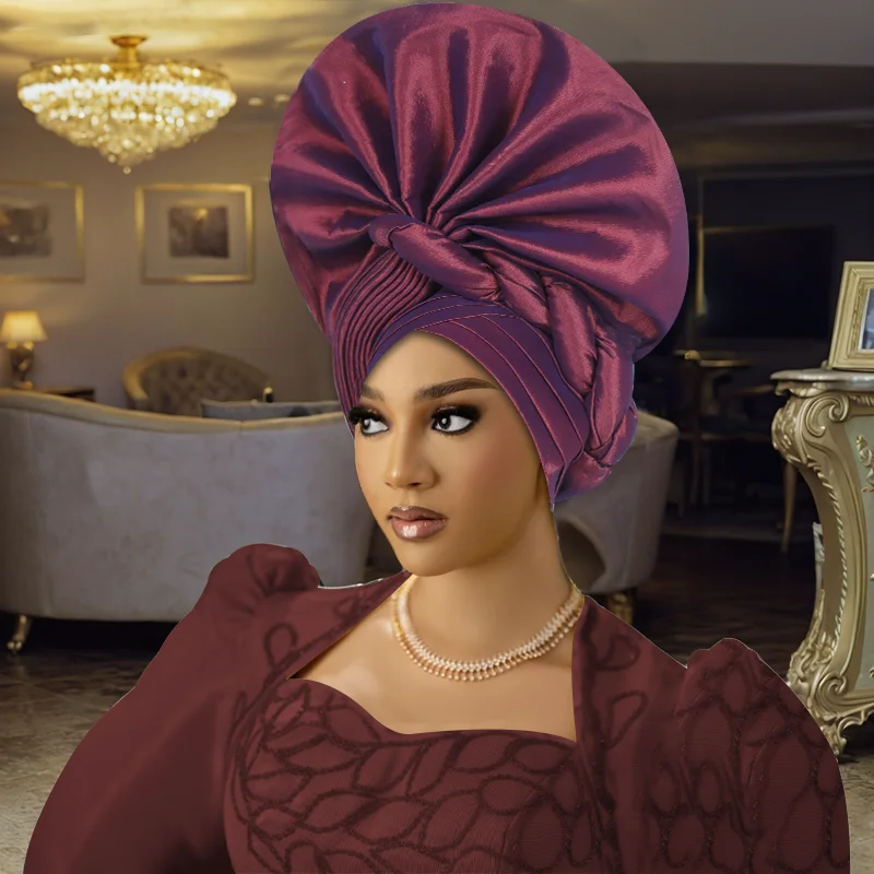 Abanico de seda cruda de Nigeria Gele, envolturas para la cabeza para fiesta de boda, diademas para mujer, Autogele africano 2024, tocado ya hecho