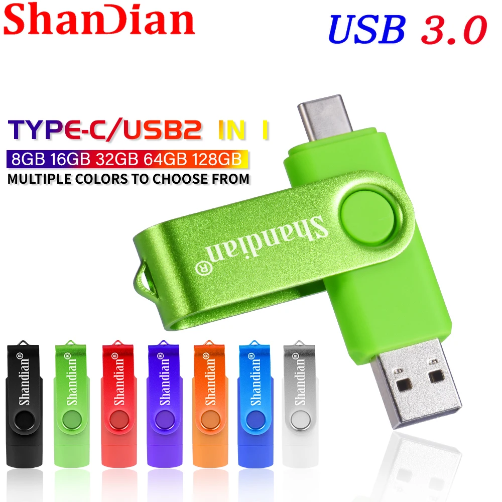 SHANDIAN TYPE-C de alta velocidad 2 en 1 unidad Flash USB 64GB unidad de bolígrafo giratoria 32GB conveniente llavero memoria Stick negocios U disco