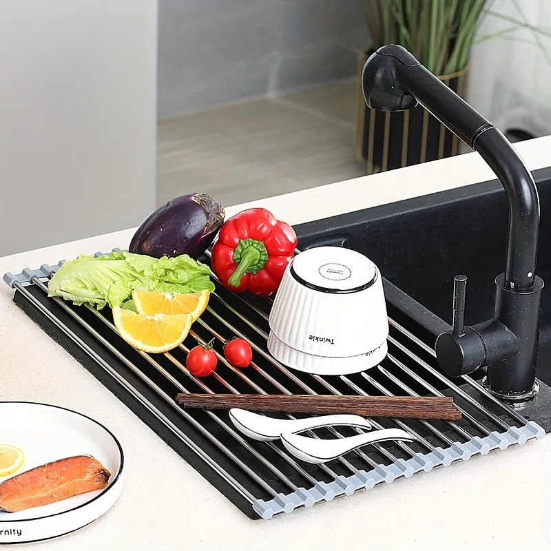 1 PCS Rolled up Stainless Steel Drain Rack - Space Saving, Hanging Foldable, Rust Proof, Easy to Clean, Kitchen Sink Organizer