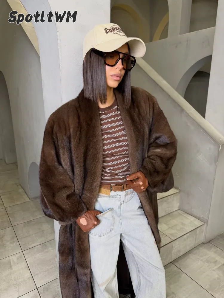 Women Brown Faux Fur Long Coat Belted Open Front Fluffy Warm Plus Size Cardigan 2026 Fall Winter Casual Retro Chic Lady Overcoat