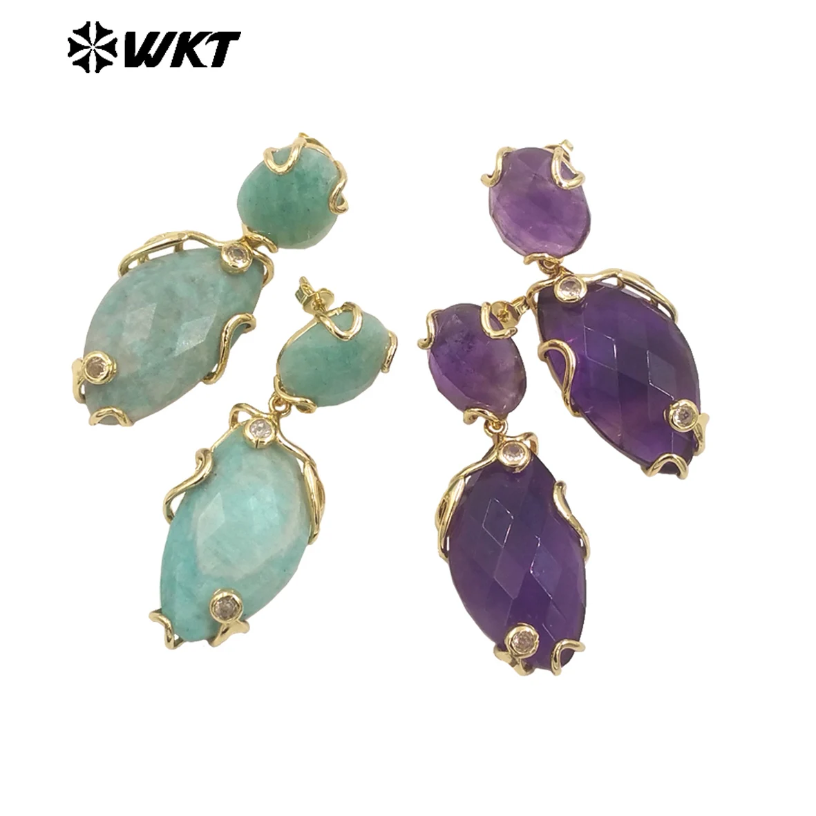 WT-E751 Wholesale New Gorgeous Precious Natural Gemstone Made With Claw Setting Amazonite Rose Quartz Dangle Stone Earrings