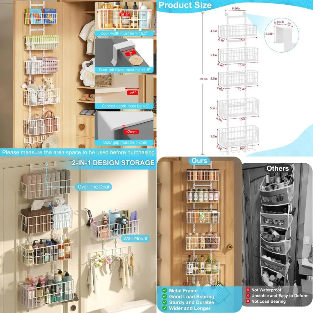 

Регулируемый органайзер на дверь, металлический подвесной органайзер с 5 проволочными корзинами и 7 крючками, настенная полка для кладовой или гардеробной
