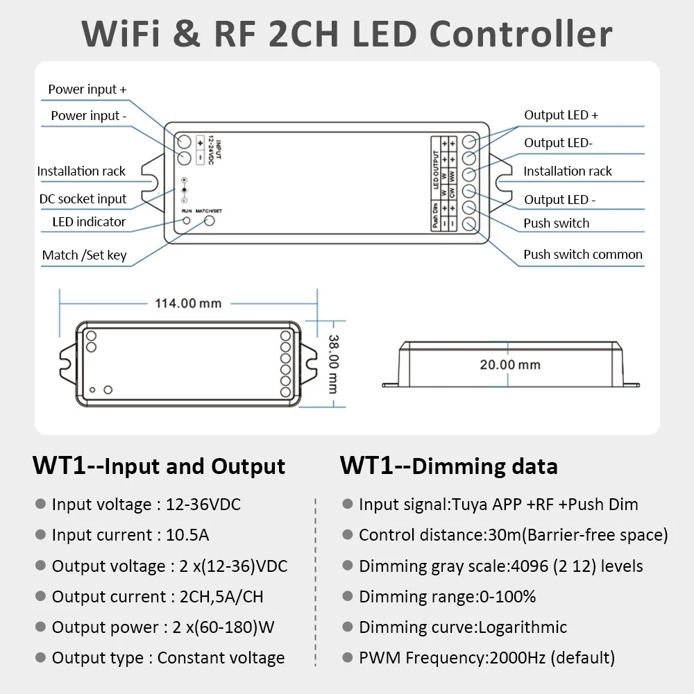 WT1 12V 24V Wifi Tuya Smart CCT Controller 2CH 5A WW CW Strip LED Dimmer Work with Yandex Alice Alexa APP RF Remote Control