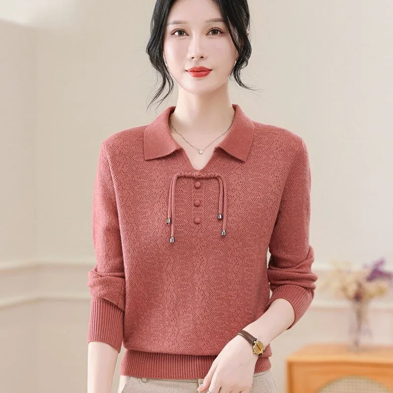 New Chinese Style Middle Aged Women Autumn Turn Down Collar Knit Sweater Drawstring Decor Casual Basic Blouse