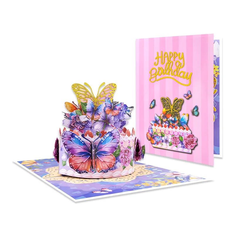 

2025 New 3D Pop-up Greeting Cards Birthday Cake Greeting Cards Striped Butterfly Cake Cross Border Amazon Wishes Cards